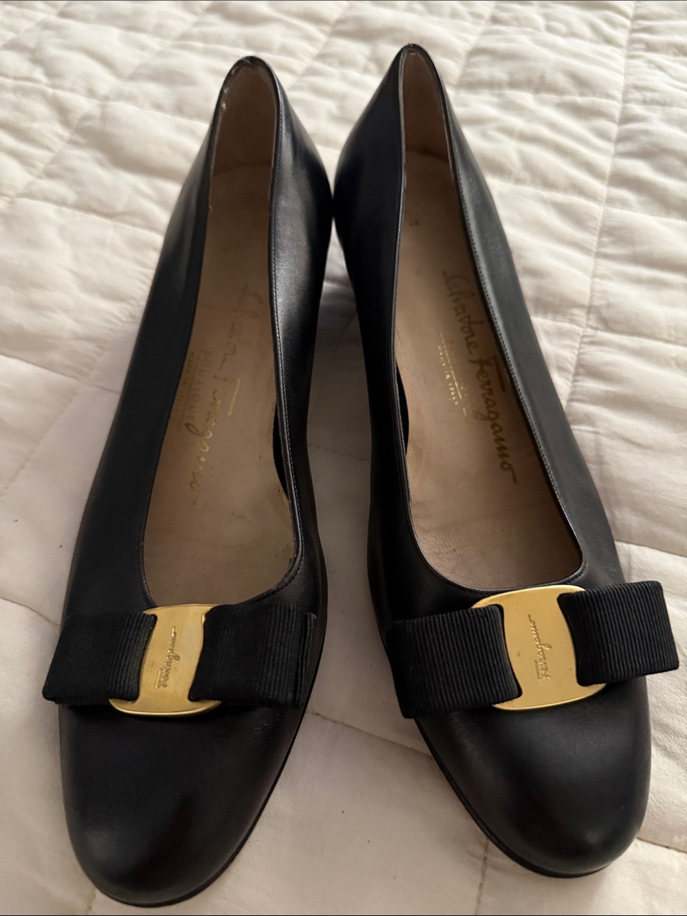 Salvatore Ferragamo Black Leather Pumps with Gold Vara Buckle